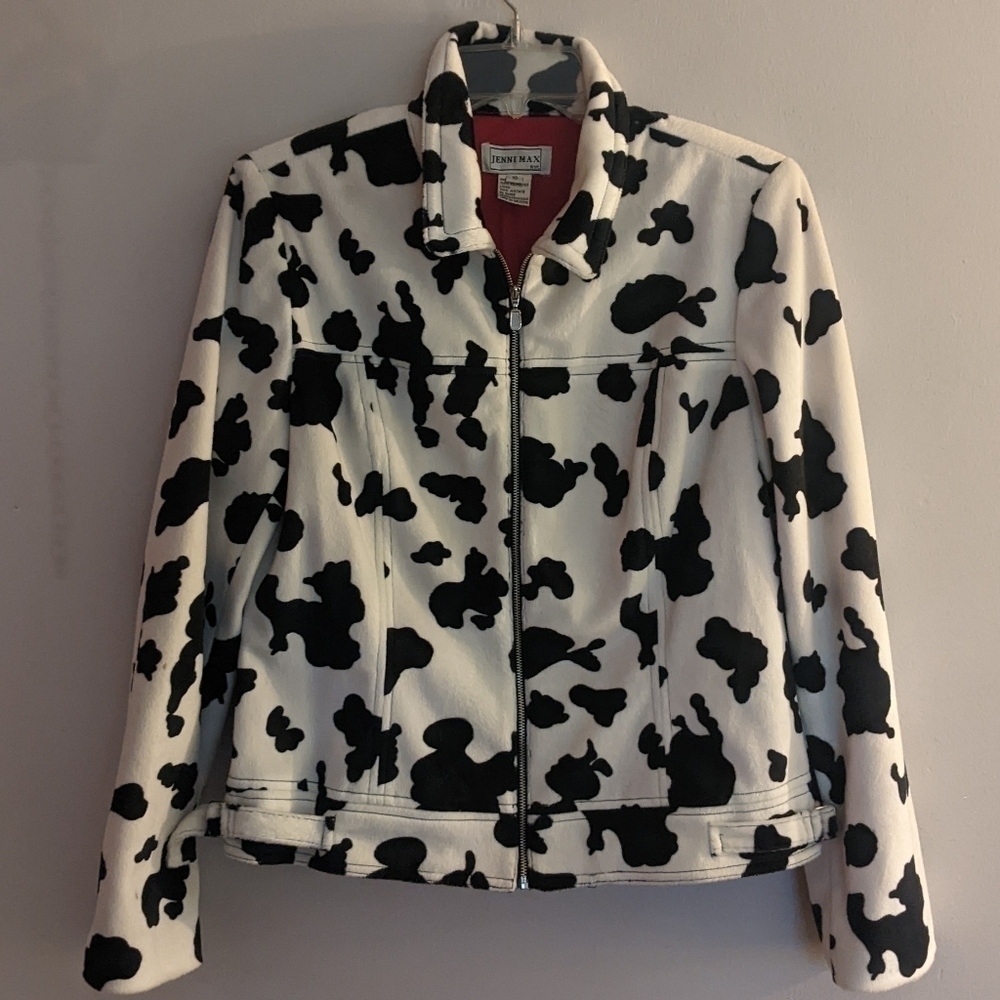 BEAUTIFUL Vintage Jenni Max NYC Cow Print Jacket Red Lining Zip Front Size 10!